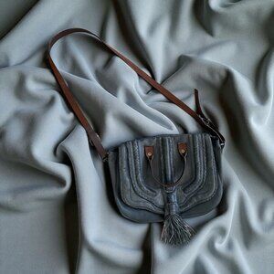 HOLDING HORSES Blue Leather Tassle Crossbody Bag